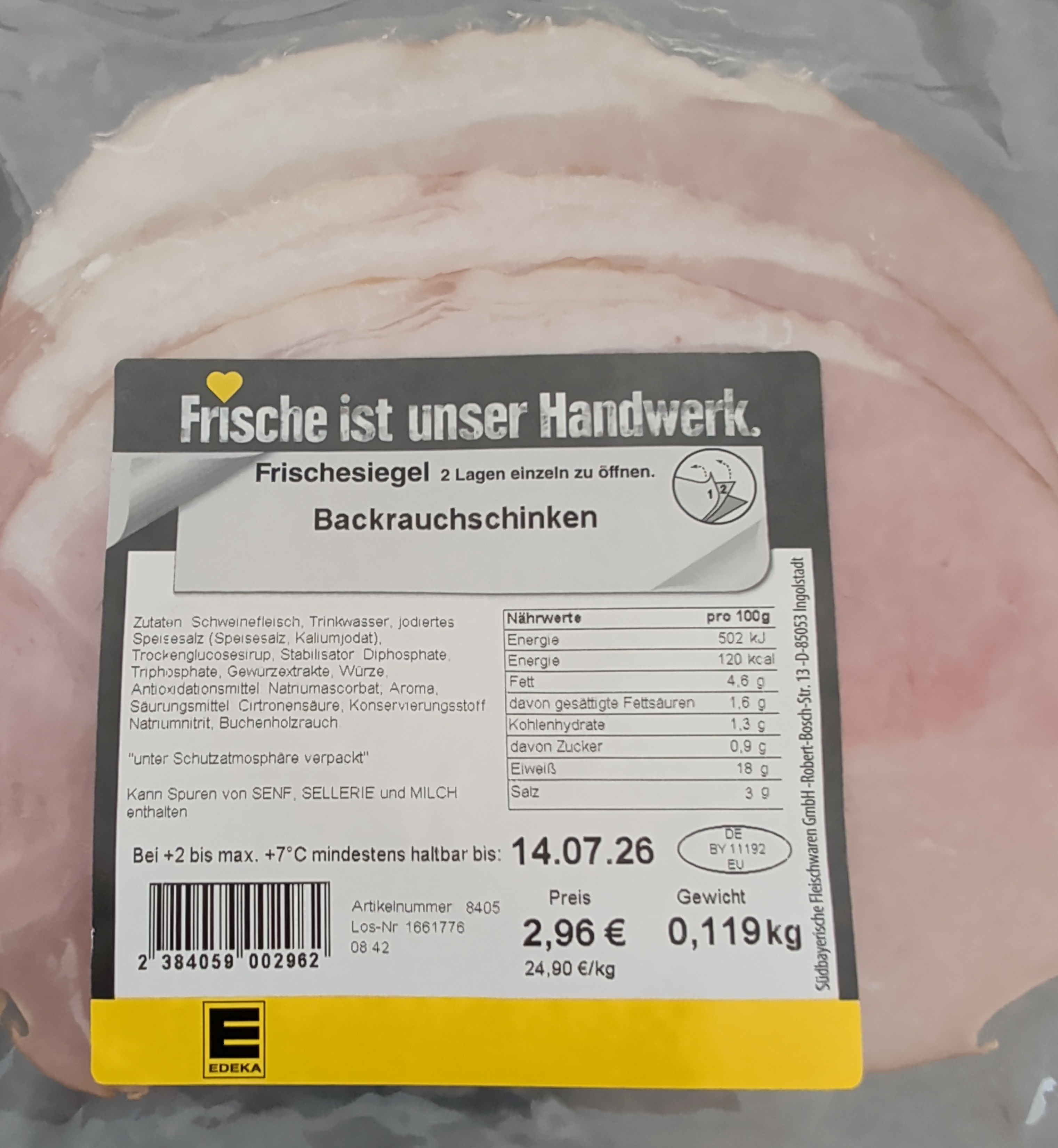 Vorderseite von Backrauchschinken