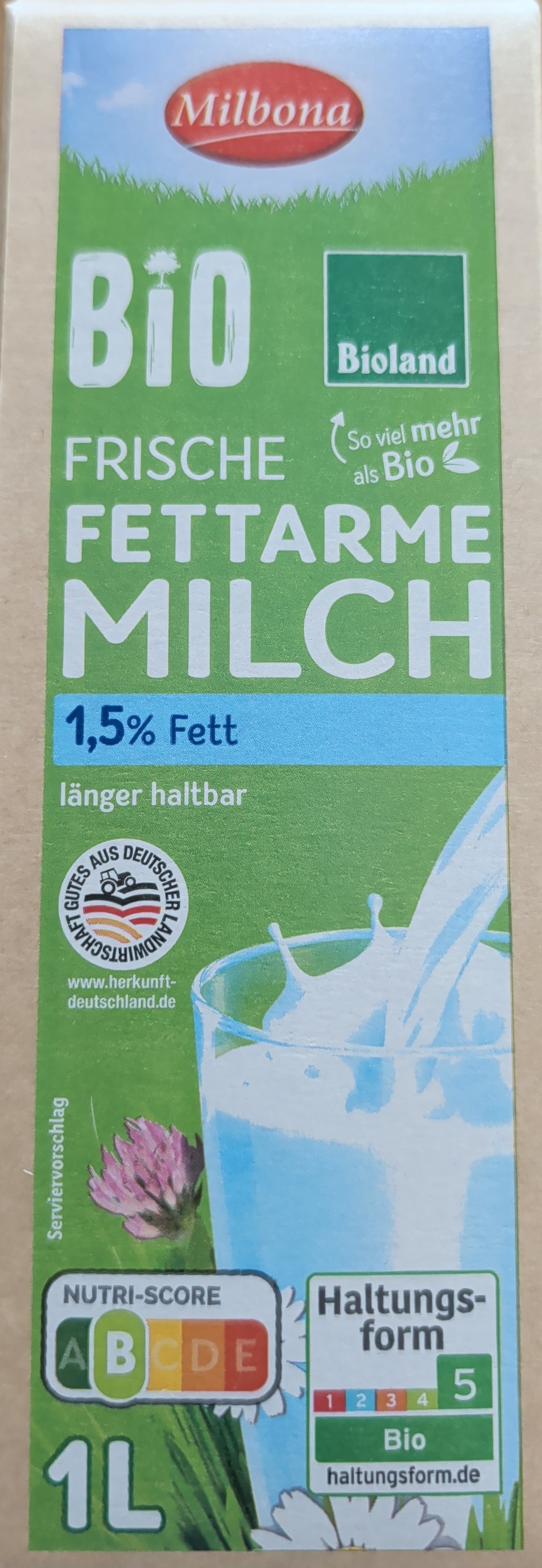 Vorderseite von Frische fettarme Milch